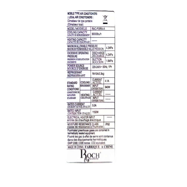 
	Climatiseur mobile Roch RAC-P09R4-A – 9000 BTU