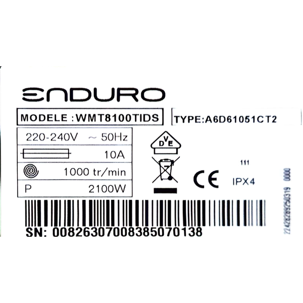 
	Machine à laver Enduro WMT8100TIDS- 8Kg