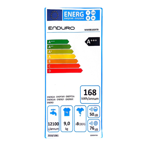
	Machine à laver Enduro WM98100ITB- 9kg A+++ Inverter