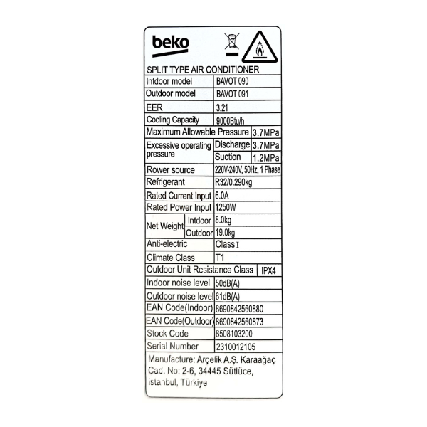 
	Split Beko BAVOT 090NG – 9000 BTU (Inverter)