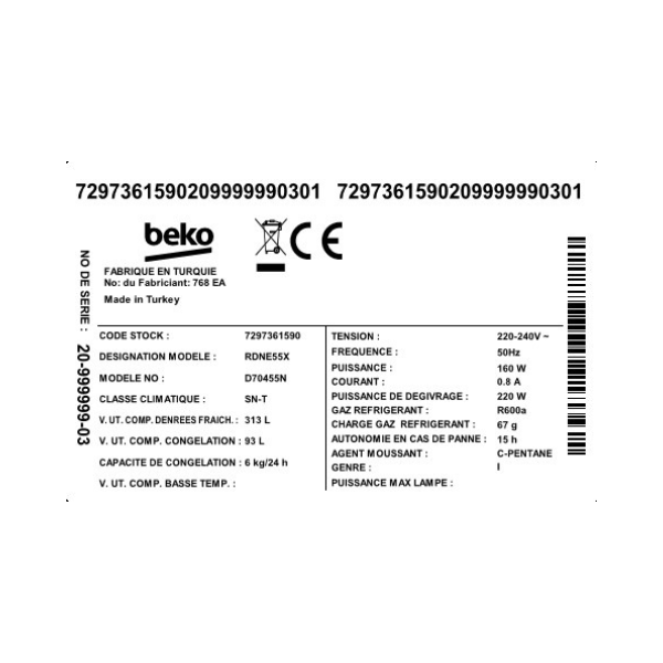 
	Réfrigérateur 2 portes Beko RDNE55X – 406L – (No-Frost, Inverter )