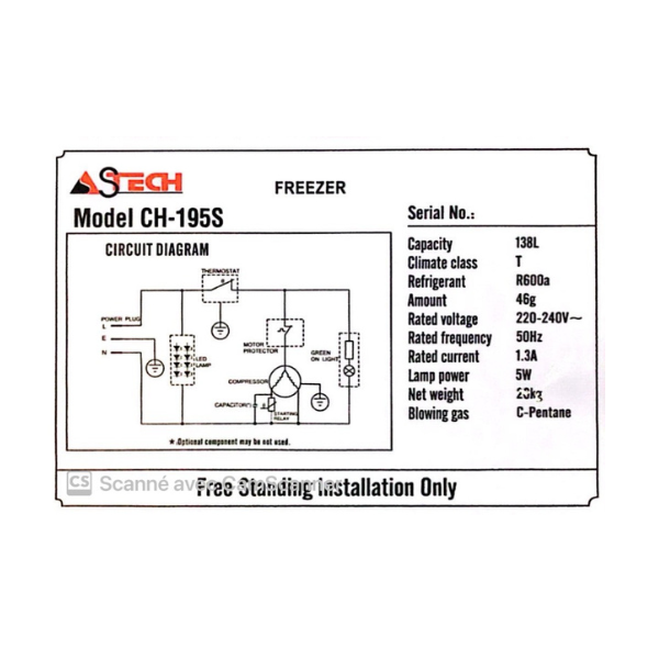 
	Congélateur horizontal Astech CH-195S- 138L