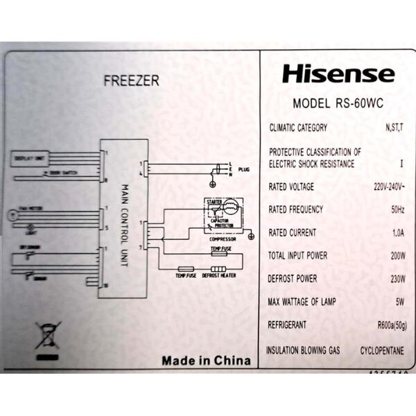 
	CONGELATEUR VERTICAL  RÉVERSIBLE HISENSE-RS-60WC-1PORTE-380L-NO FROST-7T