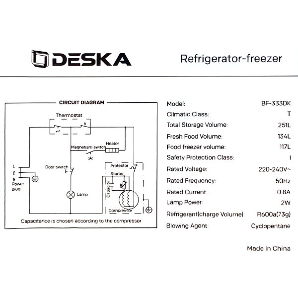 
	Réfrigérateur combiné DESKA BF333DK- 251L – 5 Tiroirs