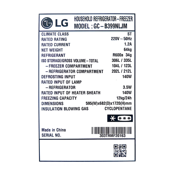 
	Réfrigérateur combiné LG GC-B399NLJM – 306L – 3T-Inverter