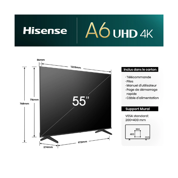 
	Téléviseur Hisense 55″ 55A6Q Smart Tv 4K -Vidaa U