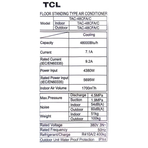 
	Split armoire TCL- TAC48CFA/C- 48000 BTU