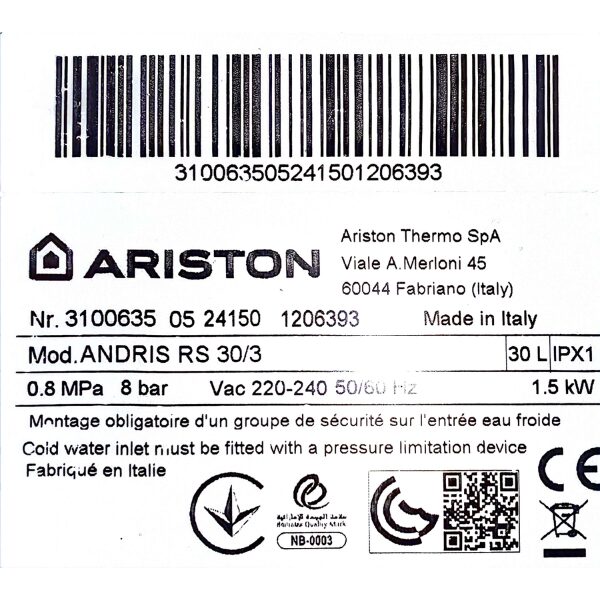 
	Chauffe-eau électrique Ariston 30RS – 30 litres