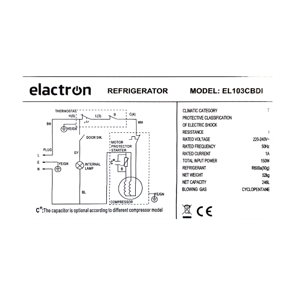 
	Réfrigérateur Combiné Congélation Bas ELACTRON El-103CBDI 246L-4T