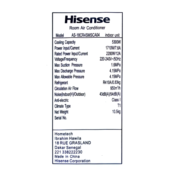 
	Split Hisense AS-18CR4S – 18000 BTU