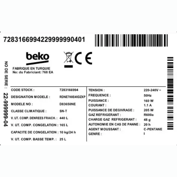 
	Réfrigérateur Beko RDNE700E40DZXP – 630 L – NoFrost