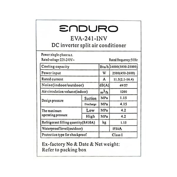
	Split Enduro EVA0240INV 24000 BTU -(Inverter)
