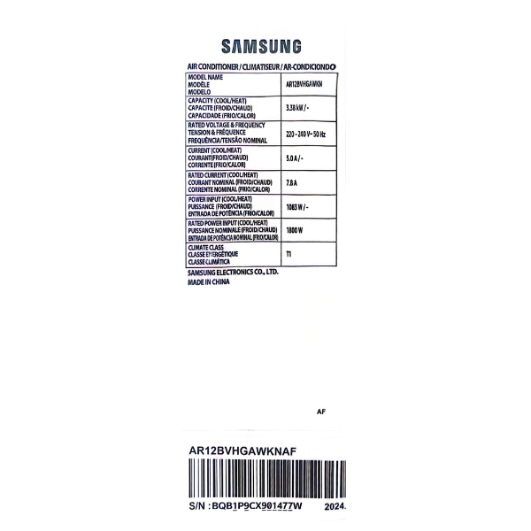 
	Split Samsung AR‑12BVHGAWK/AF – 12 000 BTU –( inverter )