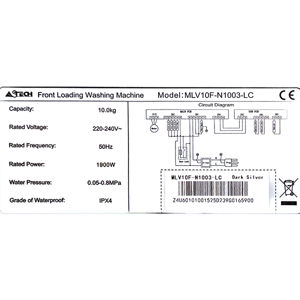 
	Machine à laver Astech MLV10F-M1003-LC – 10kg (Inverter)
