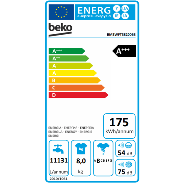 
	Machine à laver Beko BM3WFT38200BS 8kg Inverter