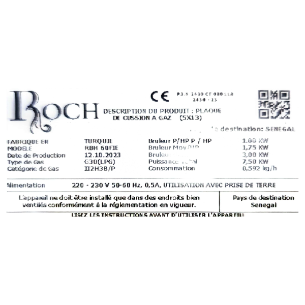 
	Plaque de cuisson à gaz Roch RBH60FIE -SHINY – 4 feux