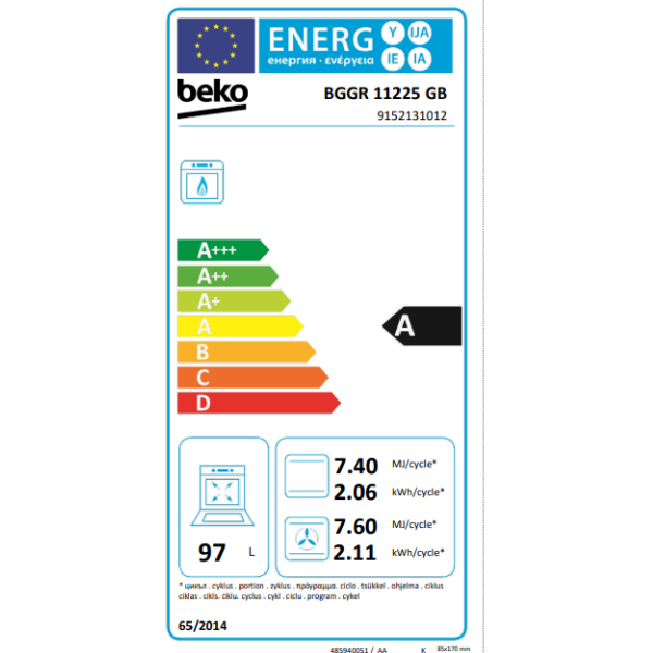 
	Cuisinière à gaz Beko BGGR11225GB-5 Feux (90×60) (avec ventilation )