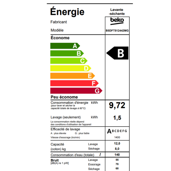 
	Machine à laver séchante Beko B5DF512442MG  12Kg/ 8kg (Inverter)