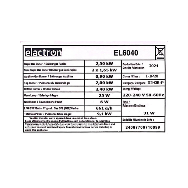 
	Cuisinière à gaz ELACTRON-EL- 6040 – 60×60- 4 feux(Full Option)