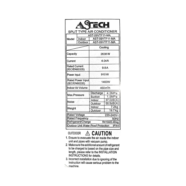 
	Split Astech 09VTF111 – 9000 BTU – (Inverter-Wifi)