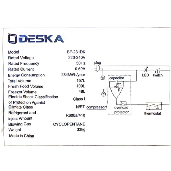 
	Réfrigerateur combiné Deska BF231DK-157 litres-3 tiroirs Defrost A+( Congélateur Bas)