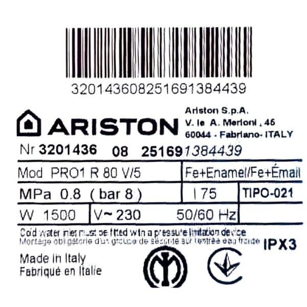 
	Chauffe-eau électrique Ariston – 80 L