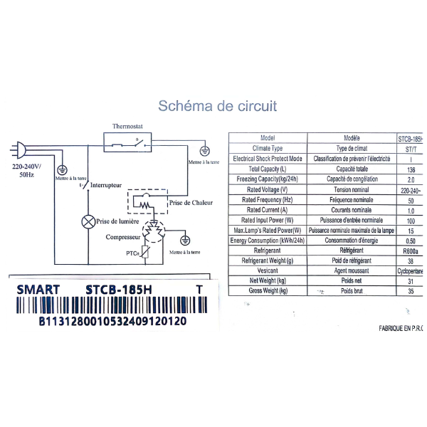 
	Réfrigérateur combiné Smart Technology STCB-185H – 136L – 2T
