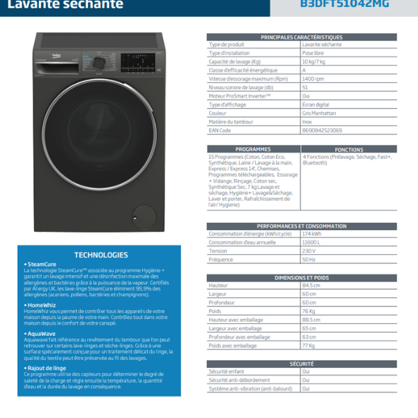 
	Machine à laver séchante Beko B3DFT51042MG  10Kg/ 7kg Inverter