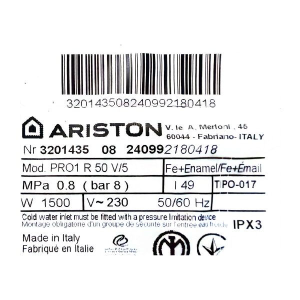 
	chauffe-eau électrique Ariston – 50L