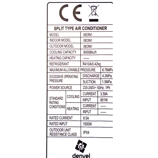 
	Split DENVEL MSAF-09CRN1- 9000BTU