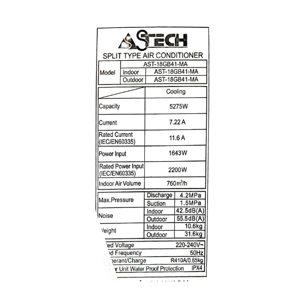 
	Split Astech AST-18GB41-MA – 18000 BTU