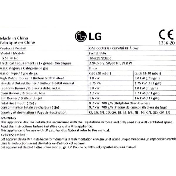 
	Cuisinière à gaz LG FA211RMA 60×60 – 4 feux