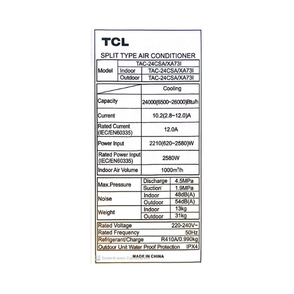 
	Split inverter TCL 24000 BTU 3CV