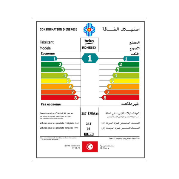 
	Réfrigérateur 2 portes Beko RDNE55X – 406L – (No-Frost, Inverter )